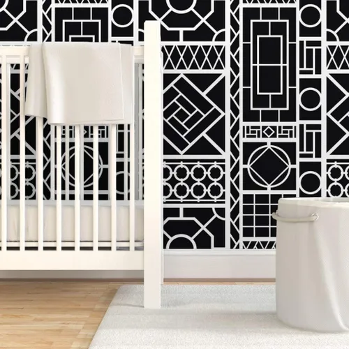Vista 6 de Spoonflower Pelar y pegar muestra de papel tapiz - Enrejado Negro Círculos Blancos Graffiti Chinoiserie Palm Beach China Papel pintado extraíble