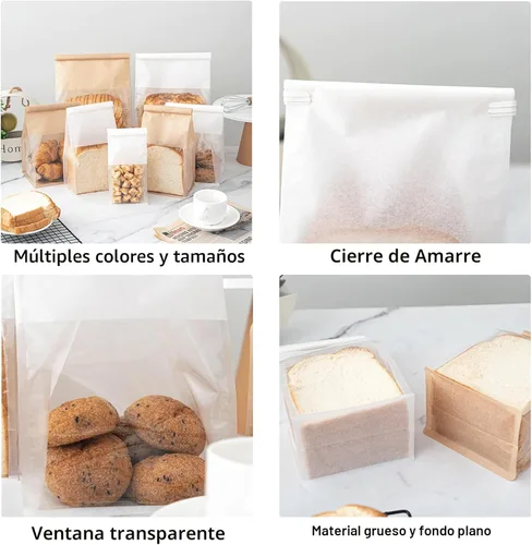 Vista 4 de 50 bolsas de pan con lazo de lata, bolsas para pan hechas de papel de algodón marrón, bolsa de embalaje de almacenamiento con ventana transparente