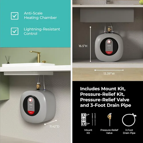 Vista 3 de Fogatti Mini calentador de agua eléctrico de 2.5 galones 1440 W, montaje en pared/piso, gris