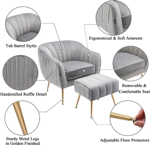 Vista 4 de Silla decorativa de terciopelo con otomana, moderna silla de barril y otomana para sala de estar y dormitorio, acabado dorado, gris