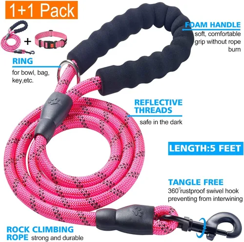 Vista 2 de Ladoogo - Correa resistente para perros, con cómoda asa acolchada, de 5 pies de largo - Correas para perros pequeños, medianos y grandes