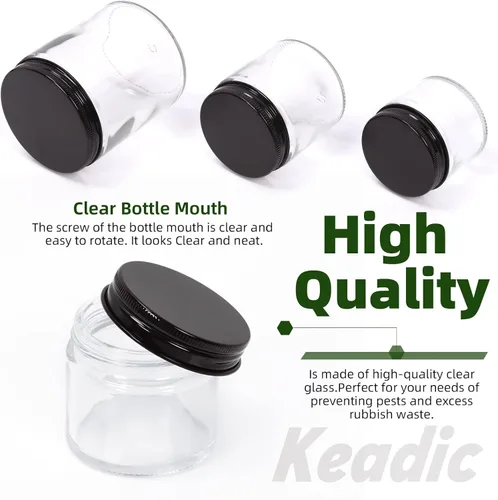 Vista 3 de Keadic Juego de 12 tarros de vidrio de 4.1 fl oz/4 onzas con tapas, mini tarros redondos herméticos para muestras de conservas con tapas negras