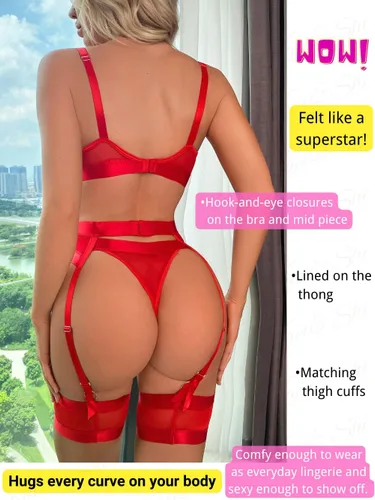 Vista 3 de Lenceria con liguero para mujer, conjunto de encaje traslúcido y sexy de 4piezas