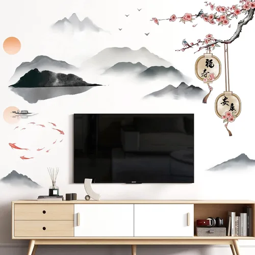 Vista 7 de Calcomanías de pared extraíbles de estilo chino 3D paisaje, montaña, agua, personajes chinos, familia y paz con ramas de árbol de ciruela, flores