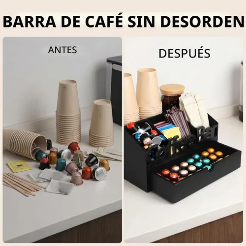 Vista 6 de Organizador de Barra de Café para Encimera - Estación Organizadora de Café de Madera, Organizador de Estación de Café para el Hogar & la Oficina