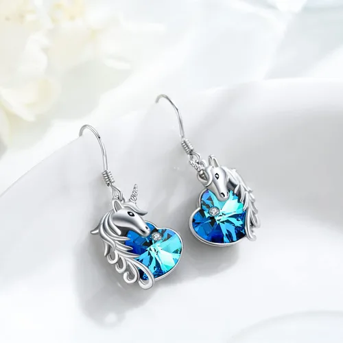 Vista 5 de Aretes de unicornio de plata de ley 925, hipoalergénicos, aretes colgantes de cristal azul, joyería de regalo de unicornio para mujeres y niñas