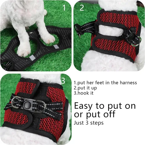 Vista 7 de Arnés suave para perro pequeño, extra pequeño, arnés de malla para cachorros, arnés ajustable reflectante sin tirones para perros pequeños y gatos