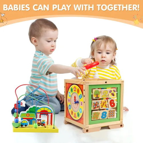 Vista 3 de Cubo de actividades de madera 6 en 1 Montessori Educativo Aprendizaje Juguetes Sensoriales para 1 Año de 12-18 Meses Niños Niñas Regalos de Primer