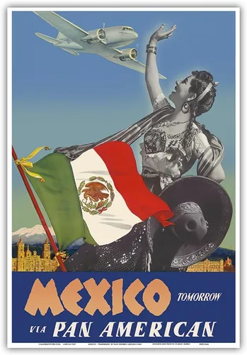 Vista 9 de México – Mañana – via Pan American Airways (PAA) – Bandera de México – Póster vintage de viaje de aerolínea por Paul George Lawler c.1940