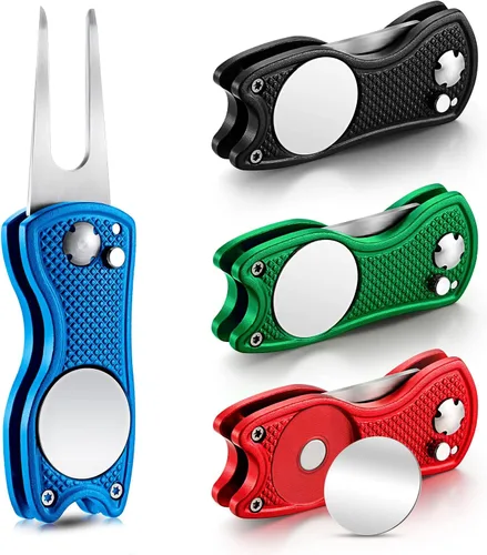 Vista 15 de Skylety 4 piezas herramienta de reparación de divot de golf plegable de metal con botón emergente magnético, marcador de bolas de acero inoxidable