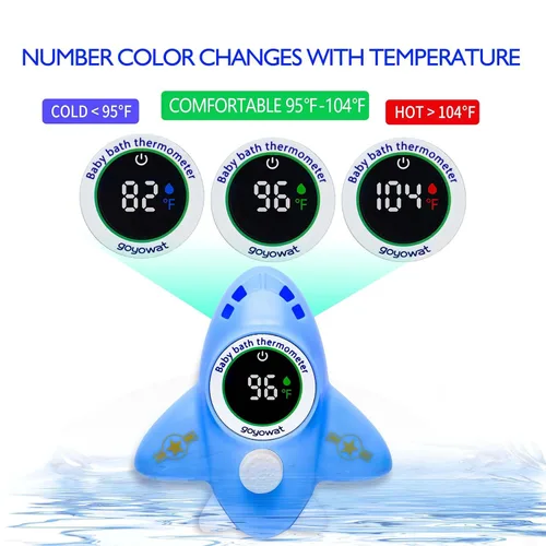 Vista 2 de Termómetro de bañera para bebé, juguete azul de avión, monitor digital flotante de temperatura del agua con pantalla LED y alarma de color, adecuado