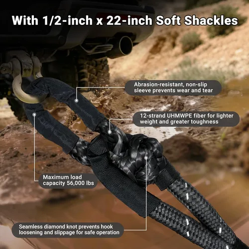 Vista 3 de Cuerda de remolque de recuperación cinética de 5/8 pulgadas x 20 Cuerda de remolque negra de 5/8"x20ft con grillete