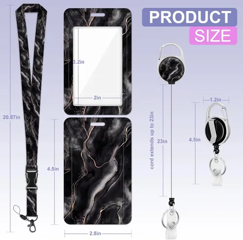 Vista 6 de Soporte para tarjetas de identificación con cordón y clip retráctil para carretes de insignias, cordón de mármol para identificación, protector