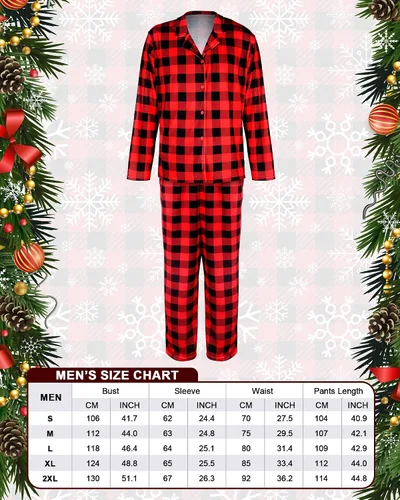 Vista 7 de Conjunto de pijamas de Navidad a juego para parejas, pijamas familiares a cuadros de búfalo de manga larga con botones a cuadros, ropa de descanso