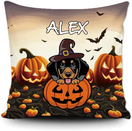 Vista 18 de Funda de almohada personalizada de Halloween, perro labrador con sombrero de bruja, calabaza, Halloween, cachorro, funda de cojín decorativa de lona