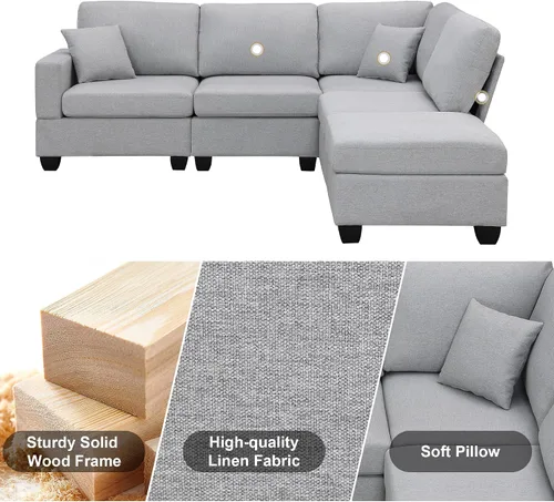 Vista 112 de Quarte Sofá seccional en forma de U, sofá modular con dos asientos individuales, dos sillas, combinación de bricolaje, tela de hilo en bucle Beige/5