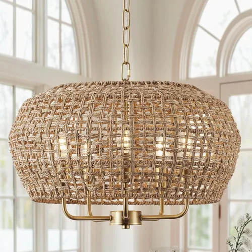 Vista 17 de Lámpara de araña de ratán bohemio de 20 pulgadas para comedor, 5 luces tejidas a mano de ratán natural con cadena ajustable, enchufes E12