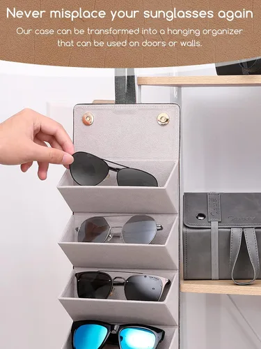 Vista 5 de Estuche organizador de lentes de sol para hombres y mujeres, plegable, para colgar, estuche de viaje, organizador de almacenamiento