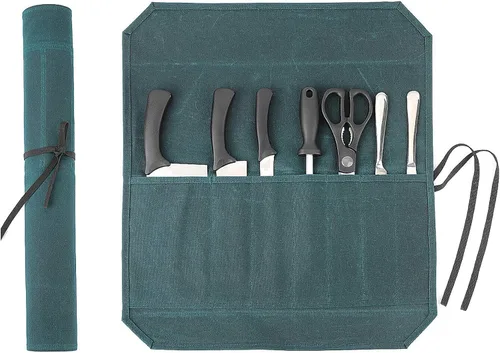 Vista 13 de Bolsa de rollo de cuchillo de lona encerada resistente, bolsa portátil para cuchillos de chef, duradera (verde militar)