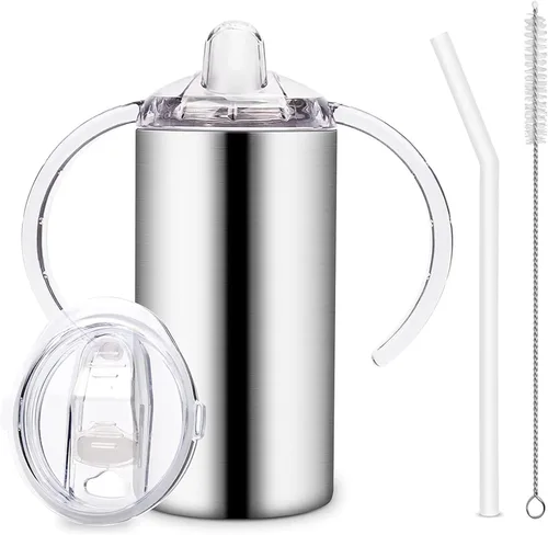 Vista 8 de Vasos para sorber de acero inoxidable de 12 onzas para niños pequeños con asas, a prueba de derrames, doble pared aislada al vacío, vasos de paja