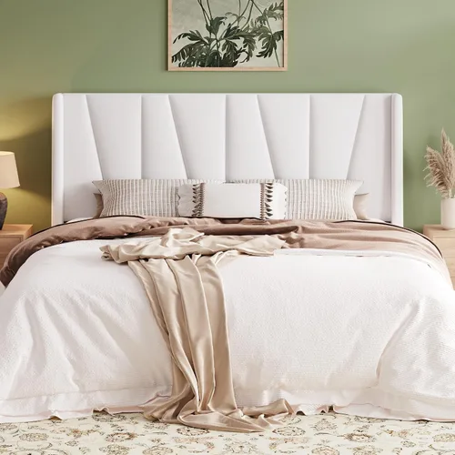 Vista 15 de Allewie Base de cama de plataforma tamaño Queen con cabecera geométrica con respaldo de alas, cama tapizada bohemia con soporte de listones de Beige