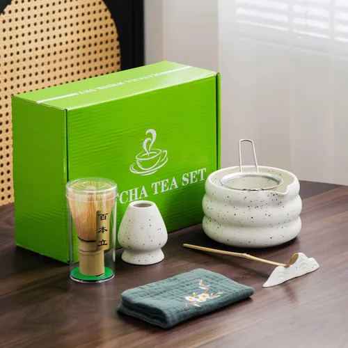 Vista 11 de Juego de té matcha japonés de 7 piezas, kit de matcha con cuenco de matcha (con boquilla de vertido), batidor de matcha, soporte para batidor Verde