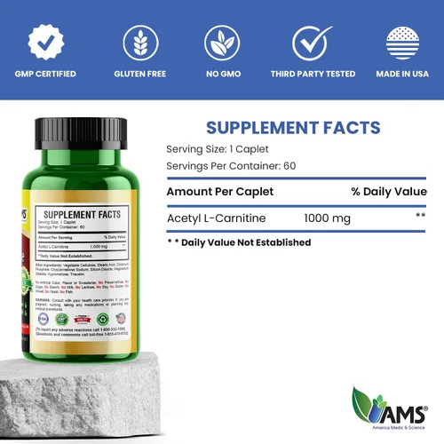 Vista 5 de America Medic & Science Acetil L-carnitina 1000 mg (60 tabletas) Suplemento dietético para hombres y mujeres Promueve la producción de energía