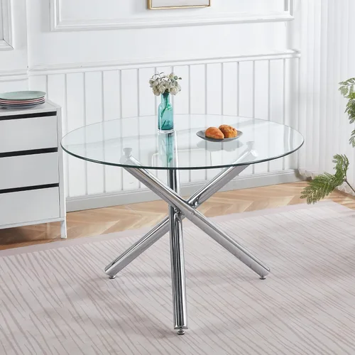 Vista 29 de SSLine - Mesa de comedor redonda moderna de cristal de 43.3 pulgadas para 4