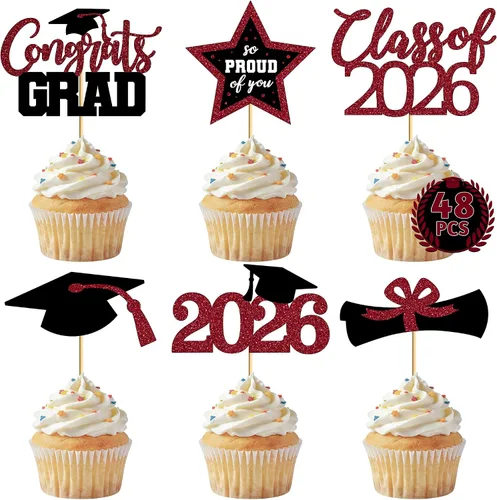 Vista 15 de 48 adornos para cupcakes graduados, 6 estilos de decoración para tartas de graduación, decoraciones de graduación de felicitaciones 2026, tapa negra