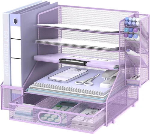Vista 9 de SUPEASY Organizador de escritorio con soporte para archivos, organizador de bandeja de papel de malla de 5 niveles con soporte para bolígrafo y Azul