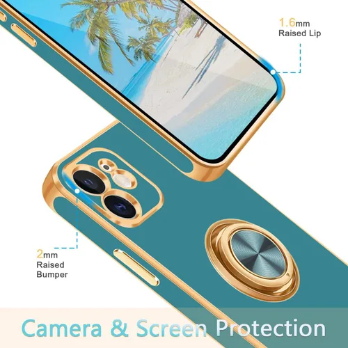 Vista 5 de Fingic Funda para iPhone 11, con soporte de anillo giratorio de 360°, soporte magnético [borde dorado chapado brillante], funda protectora delgada