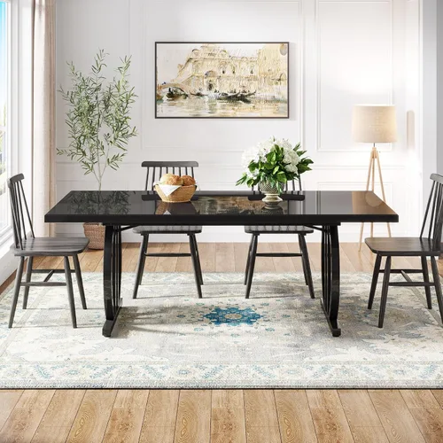 Vista 5 de Tribesigns Mesa de comedor moderna de 63 pulgadas para 6, mesa de cocina rectangular con marco de metal, mesa de comedor negra para el hogar, comedor