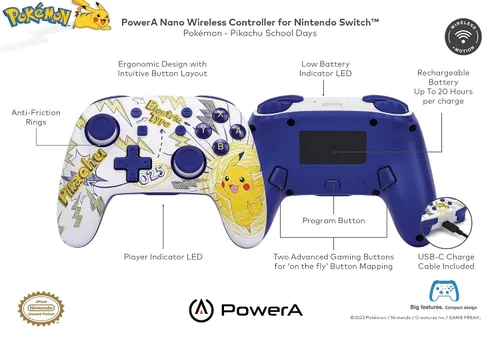 Vista 2 de PowerA Nano Enhanced Wireless Controller for Nintendo Switch - Pokémon: Pikachu School Days, mini, portable, gamepad, motion controls, bluetooth
