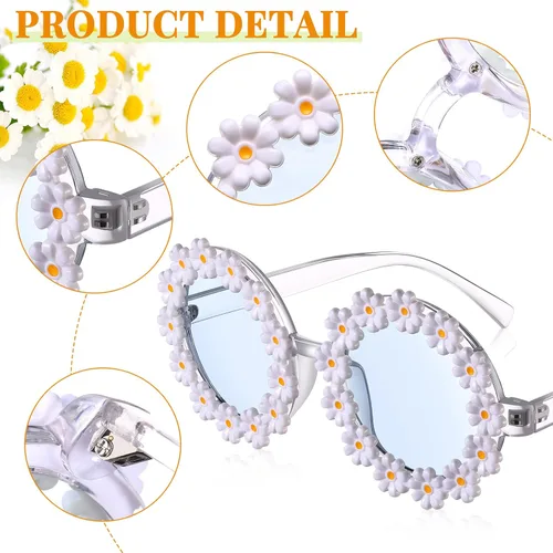 Vista 6 de 2 pares de lentes de sol de margarita para mujer, gafas redondas de flores para adultos y niños, decoración con gafas de tela bolsa de franela