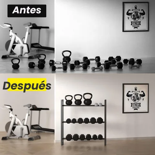 Vista 8 de Estante para mancuernas de 3 niveles, soporte de pesas para gimnasio en casa