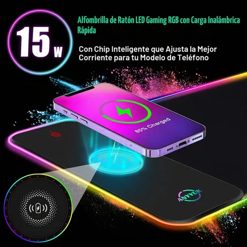 Vista 2 de Alfombrilla de mouse LED RGB con cargador inalámbrico de 15 W, alfombrilla de mouse para juegos con 10 modos de luz, alfombrilla de mouse extra