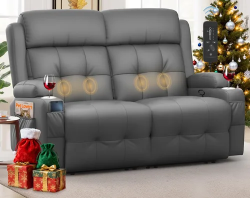Vista 22 de Sofá reclinable manual de dos plazas, sofá reclinable de pared con masaje, puertos USB y tipo C, almacenamiento, portavasos, sofá RV para sala