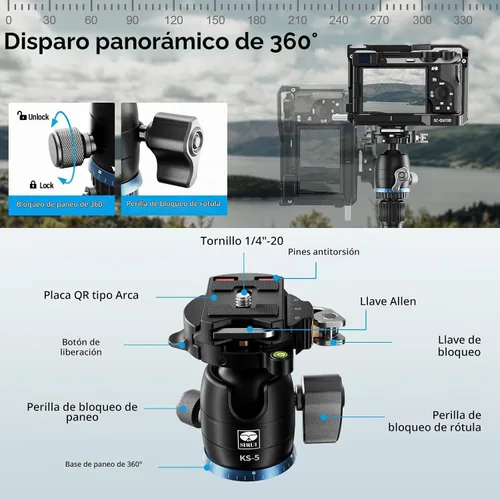 Vista 6 de SIRUI Trípode de viaje de fibra de carbono - Trípode compacto ligero de 55.1 pulgadas con cabezal de bola panorámica de 360°, placa de liberación
