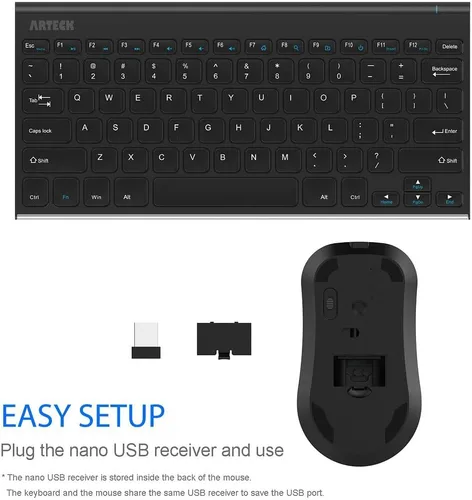 Vista 4 de Arteck - Combo de teclado y mouse inalámbricos 2.4G, ultra compacto, delgado, teclado de tamaño completo de acero inoxidable y mouse ergonómico