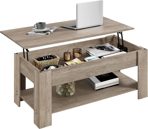 Vista 14 de Yaheetech Mesa de café de madera, mesa de centro con estante de almacenamiento oculto grande, mesa de comedor con superficie elevada para sala