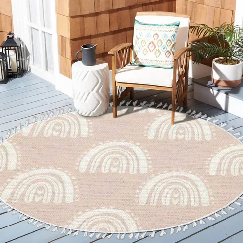 Vista 2 de Alfombra redonda bohemia para niños, dibujada a mano sin costuras con arco iris rosa pastel, alfombra de verano para bebé, alfombra de lino, Multi3