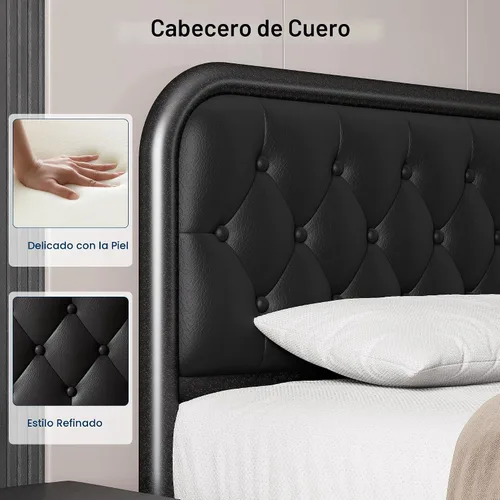 Vista 3 de GalnFu Marco de Cama de Metal Completo, Cama Tapizada con Cabecero y Pie de Cama de Cuero Capitoné, Cama de Plataforma en Forma de U de Servicio