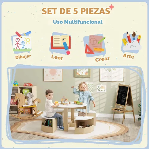 Vista 3 de Qaba Juego de mesa y sillas para niños pequeños, 5 piezas, mesa redonda de Almacenamiento, Juego, Arte, Manualidades, Dibujo, Sala de juegos, Aula