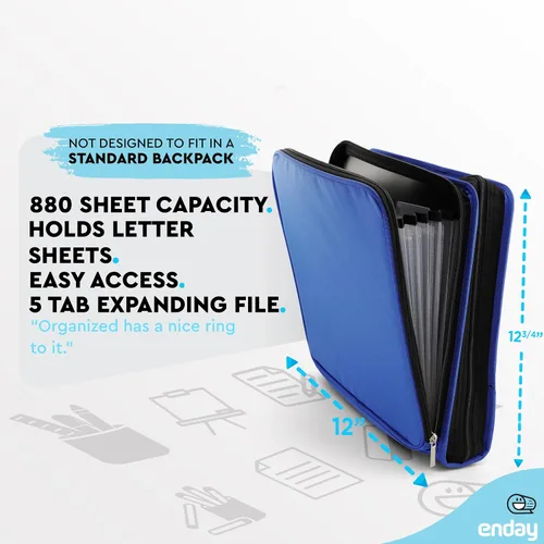 Vista 5 de Enday Carpeta con cremallera de 2 pulgadas, capacidad de 880 hojas, 5 bolsillos, carpeta de archivos expandible con asa duradera, organizador Azul