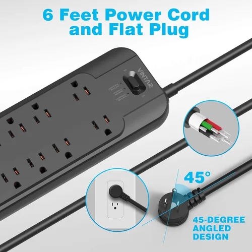 Vista 6 de VINTAR - Protector contra sobretensiones (2 × 4800 julios) con 12 tomas de CA 1875W Output, 6FT Long Extension Cord Flat Plug with Dual Surge