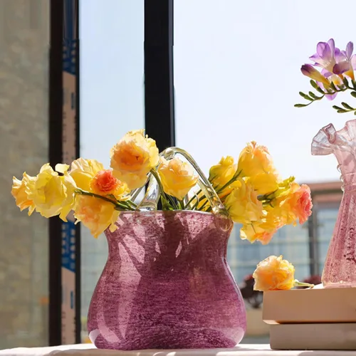 Vista 7 de Jarrón de bolsa, jarrones con asas, monedero, jarrón de vidrio, florero de vidrio, florero de bolsa de vidrio para decoración, morado