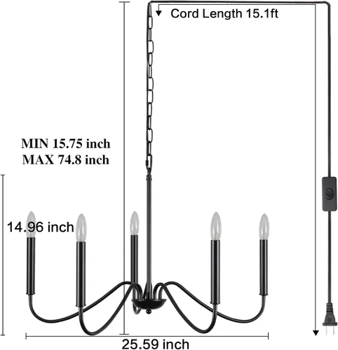 Vista 6 de ETONIMERR Lámpara colgante enchufable negra con luz larga de granja, lámpara colgante enchufable de 5 luces para comedor, lámpara de araña rústica