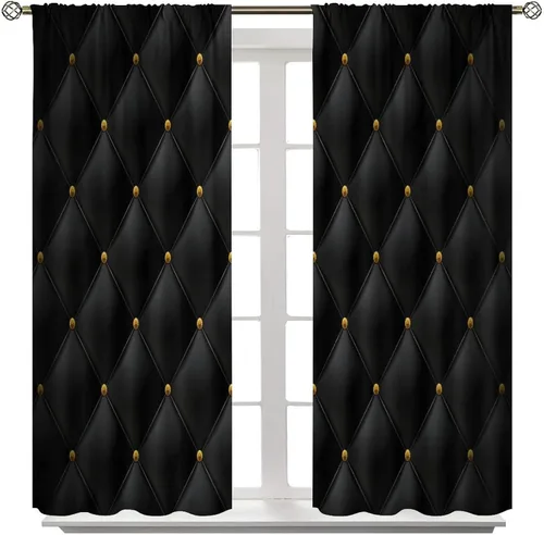 Vista 61 de Cortinas Negras con Dobladillo Dorado, Cortinas Opacas con Bolsillo para Barra con Estampado de Rayas de Foil en Onda Dorada para Decoración de Negro