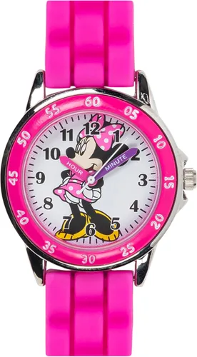 Vista 9 de Reloj Minnie Mouse Time Teacher para niñas - Reloj analógico de aprendizaje de la hora con números fáciles de leer y cómoda banda de silicona Rosa