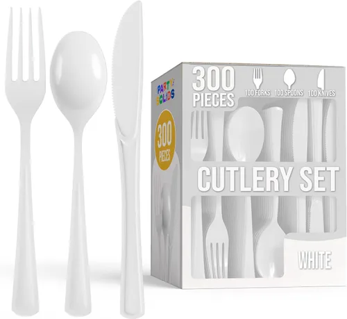 Vista 24 de Party Solids - Juego de cubiertos de plástico negro resistente de 300 piezas, cubiertos desechables negros resistentes, juegos de utensilios, 100